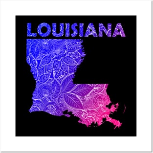 Colorful mandala art map of Louisiana with text in blue and violet Posters and Art